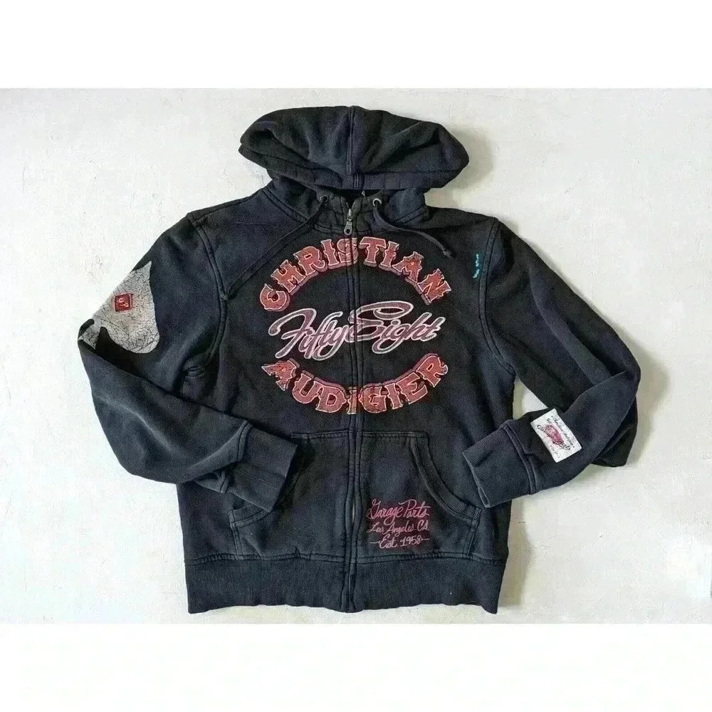 Vintage Christian Audigier Garage Parts 58 Motorcycle Full Zip Hoodie L Black
